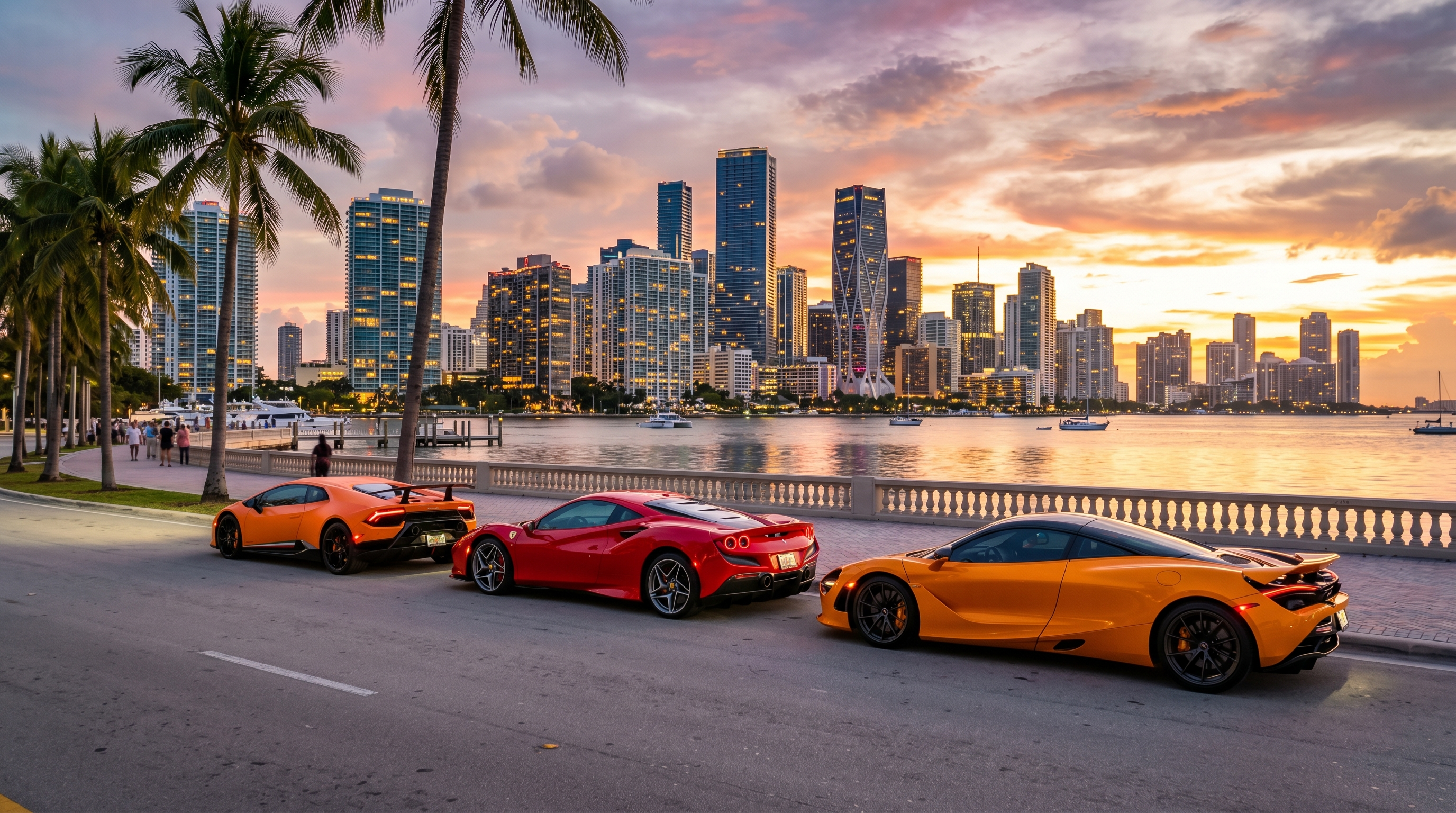 Phalanx of exotic supercars — Lamborghini Huracán, Ferrari F8, McLaren 720S — lined up in front of Miami city skyline at sunset, dramatic wide-angle shot