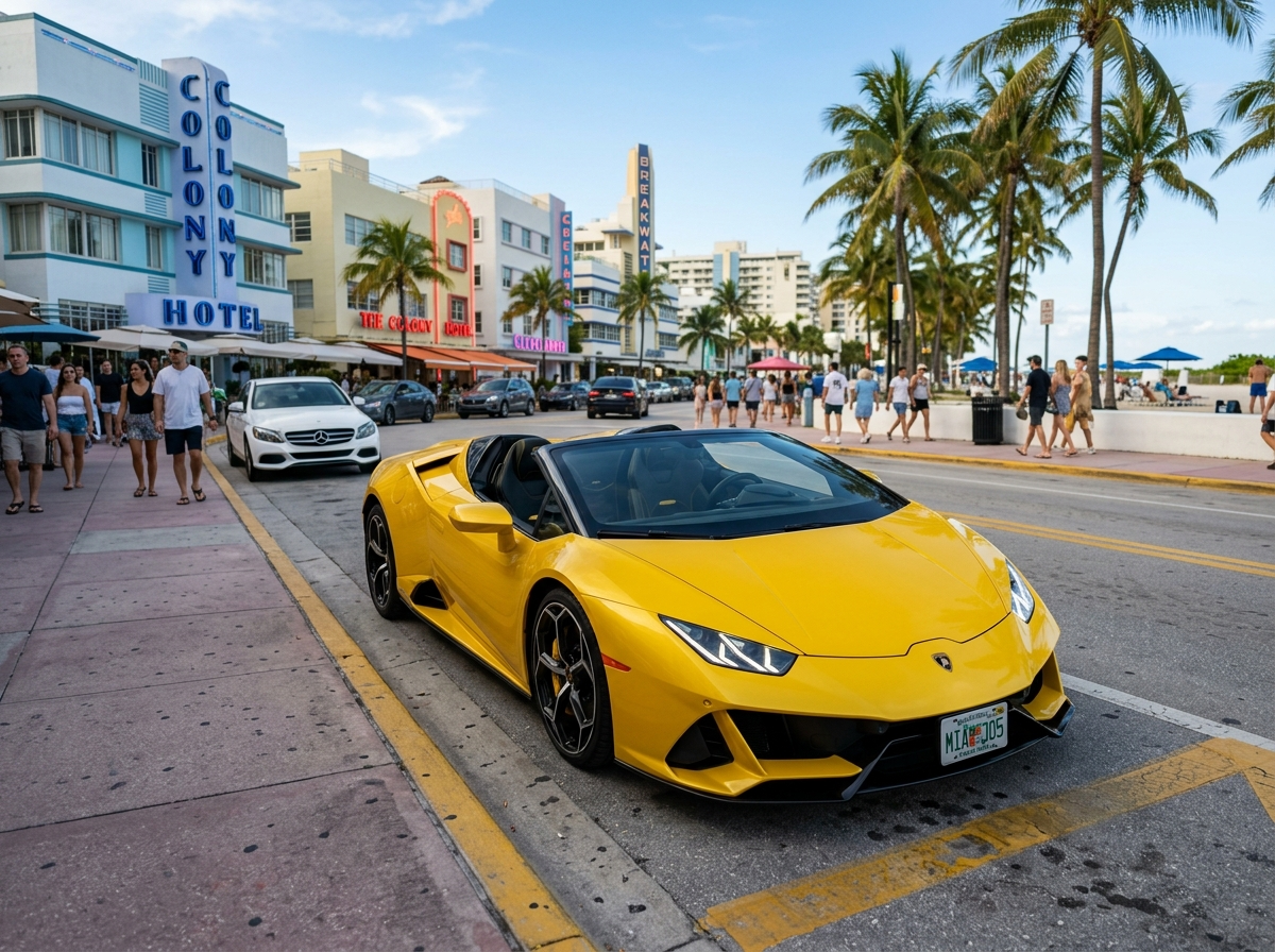 2023 Lamborghini Huracán EVO Spyder in metallic yellow parked on South Beach Miami street
