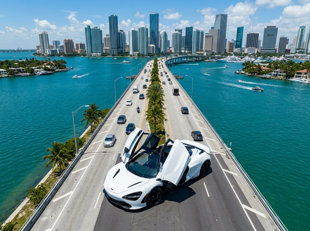 2021 McLaren 720S Spider white convertible with doors open on Causeway in Miami daytime aerial view
