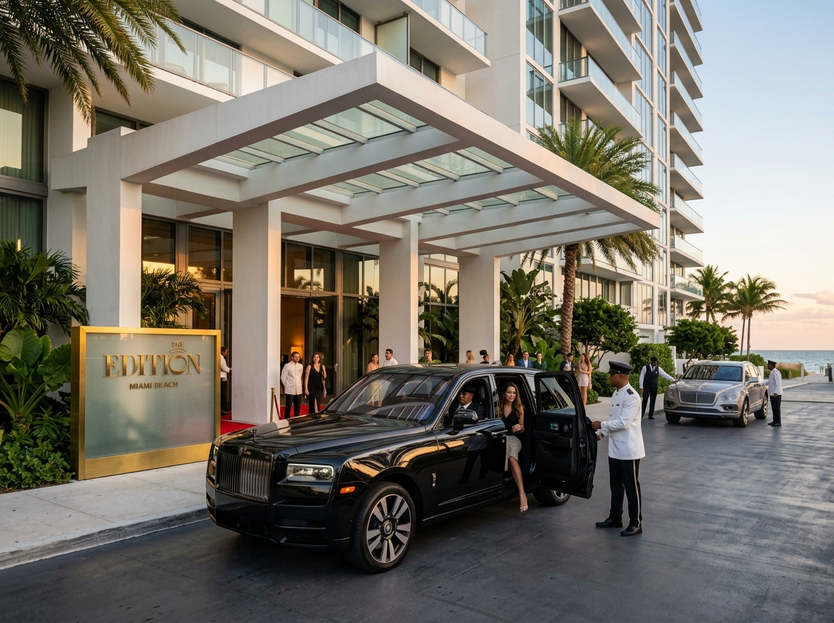 2022 Rolls-Royce Cullinan Black Badge gloss black SUV arriving at luxury hotel entrance Miami Beach