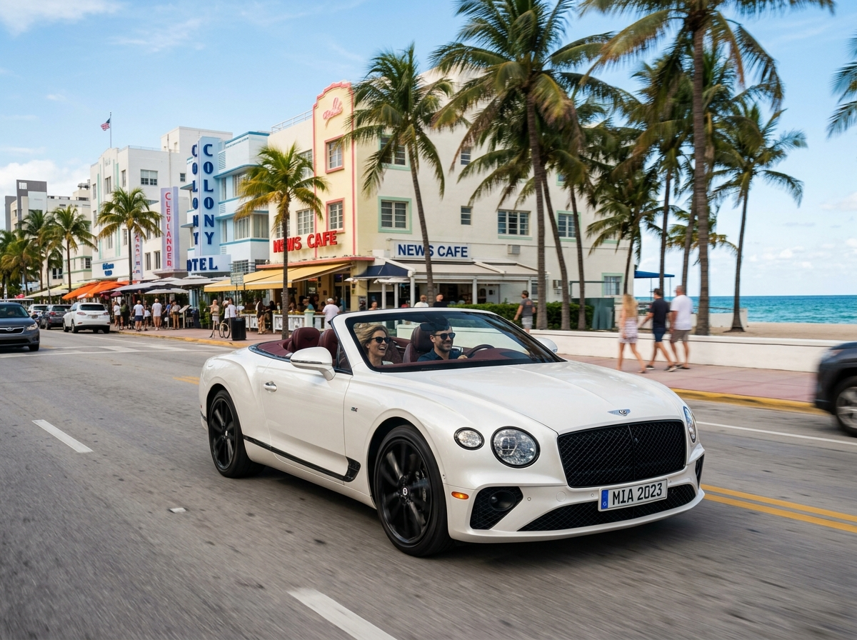 2023 Bentley Continental GT Convertible pearl white open top driving along Ocean Drive South Beach Miami