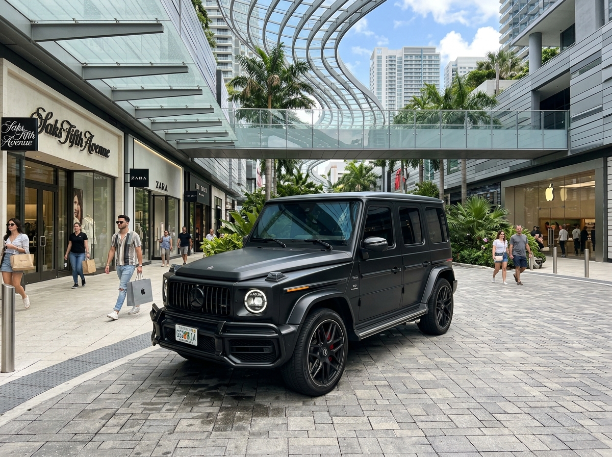 2024 Mercedes-Benz G63 AMG matte black parked at Brickell City Centre Miami luxury shopping