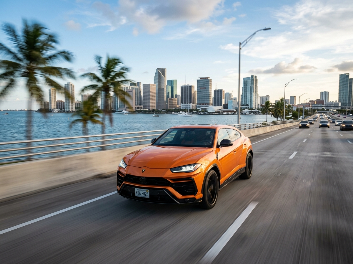 2025 Lamborghini Urus SE orange metallic SUV in motion on Miami highway Rickenbacker Causeway