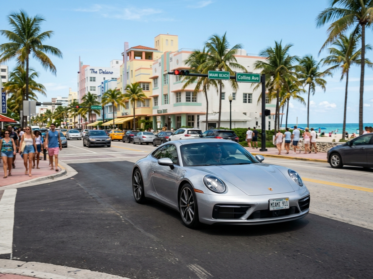 2026 Porsche 911 Carrera S silver coupe on Miami Beach Collins Avenue daytime photography