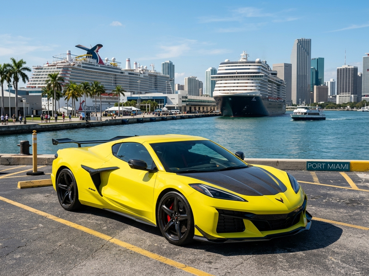 2024 Chevrolet Corvette Z06 C8 yellow coupe with carbon fiber hood parked at Port Miami with cruise ships