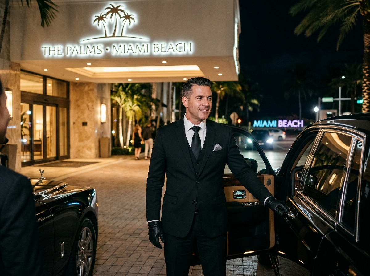 Professional chauffeur in black suit holding door of Rolls-Royce at luxury hotel Miami Beach entrance at night