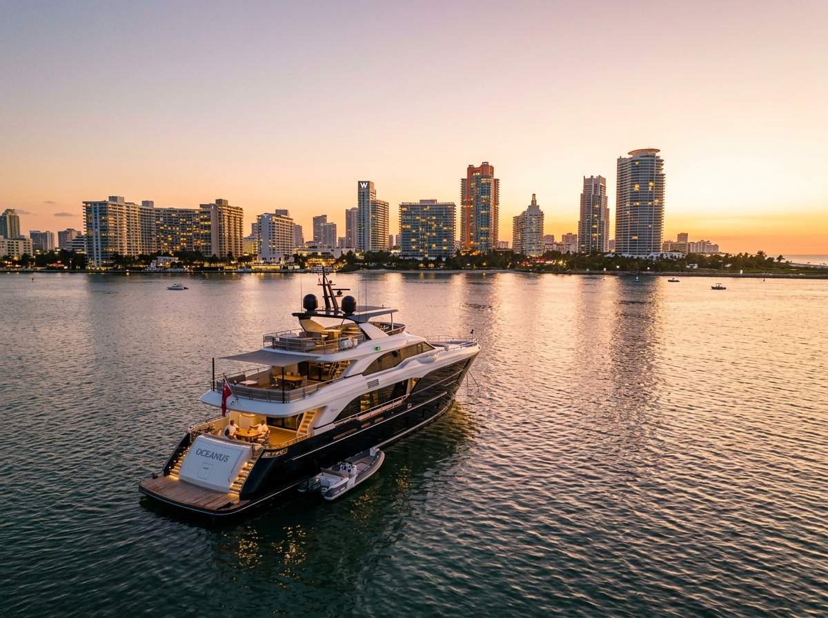 Private luxury yacht anchored off Biscayne Bay Miami with South Beach skyline in background golden hour