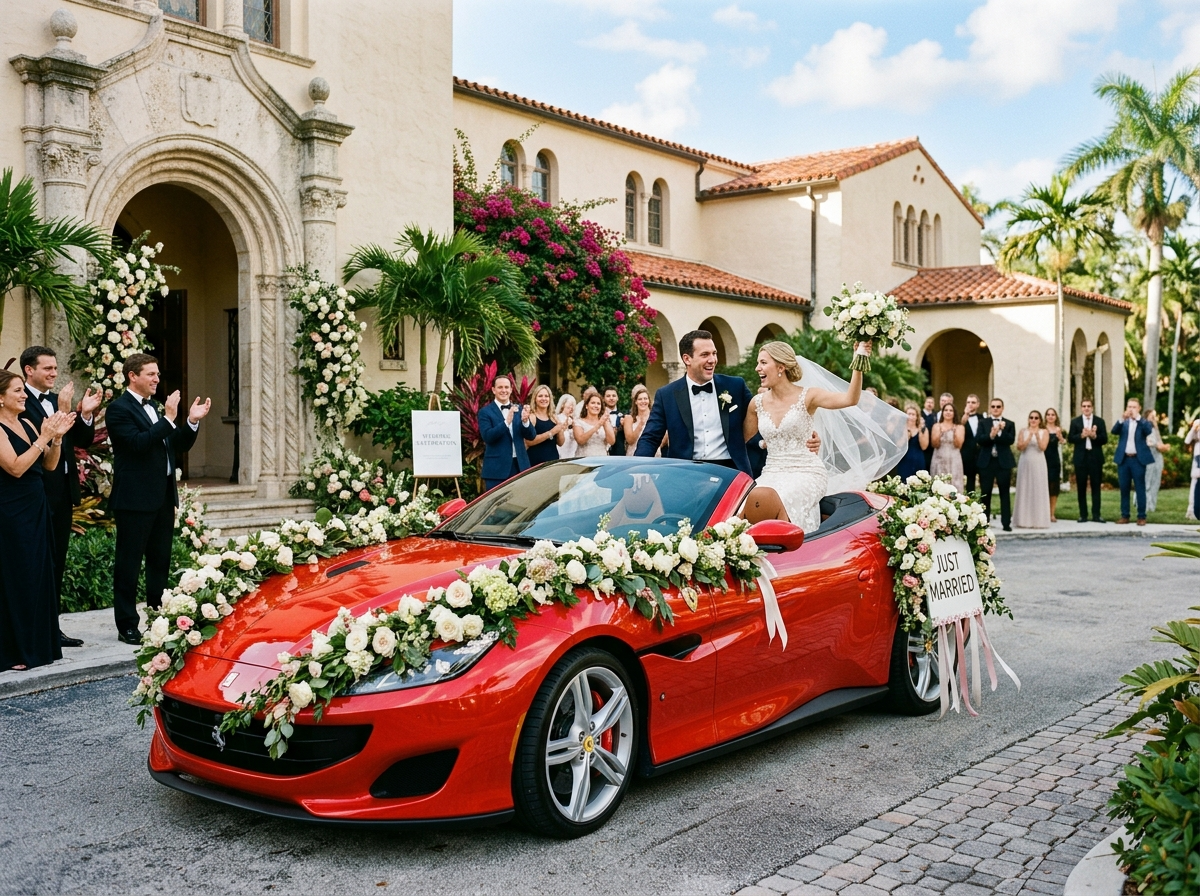 Ferrari convertible decorated with flowers outside wedding venue in Coral Gables Miami couple celebrating