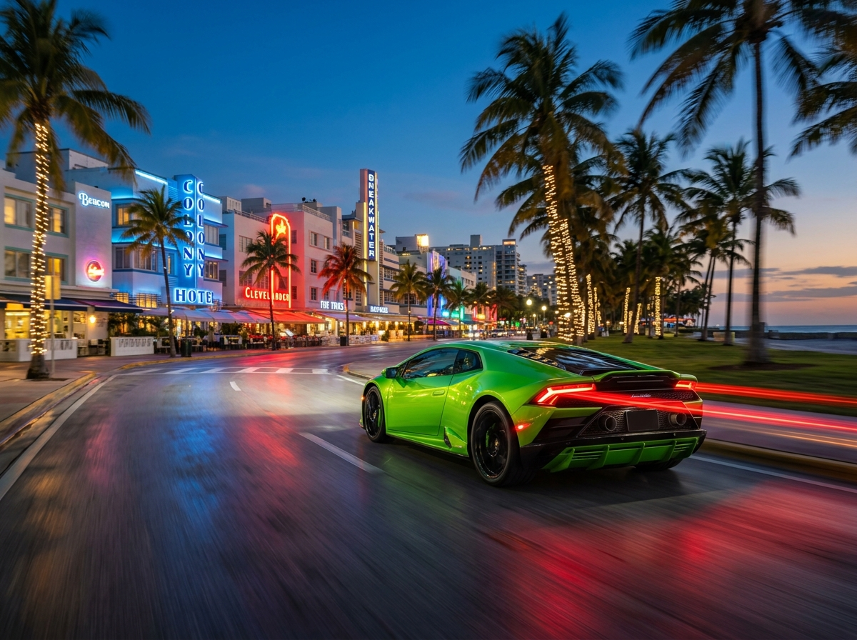 Lamborghini Huracán EVO driving at speed on empty South Beach street Miami at dusk with palm trees and city lights
